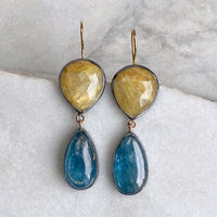Golden Rutilated Quartz and Teal Kyanite Earrings